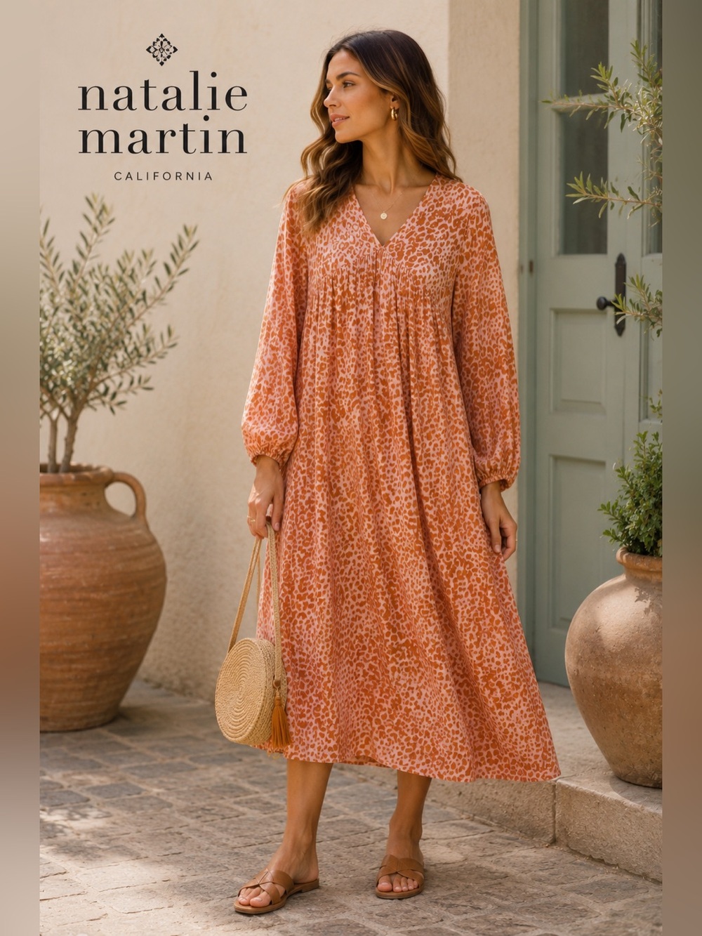 Natalie Martin Leopard Print Tiered Midi Dress Pink Orange Boho Medium Travel C2